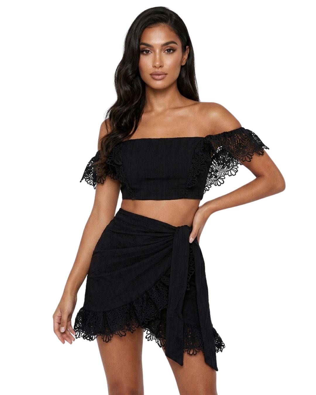 Nerissa Lace Off-Shoulder Top & Wrap Skirt Set